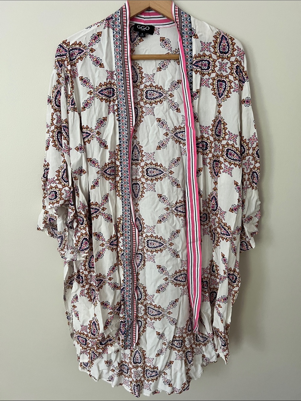 GiGiO | Cream & Pink Printed Women's Swim Coverup Kimono Bohemian Size S